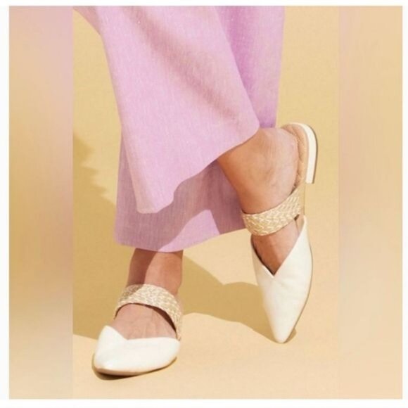 Birdies Women Cream Leather The Swan Cuff Pointed Toe Strap Mule Flats Sz 6 2404 - Picture 2 of 16